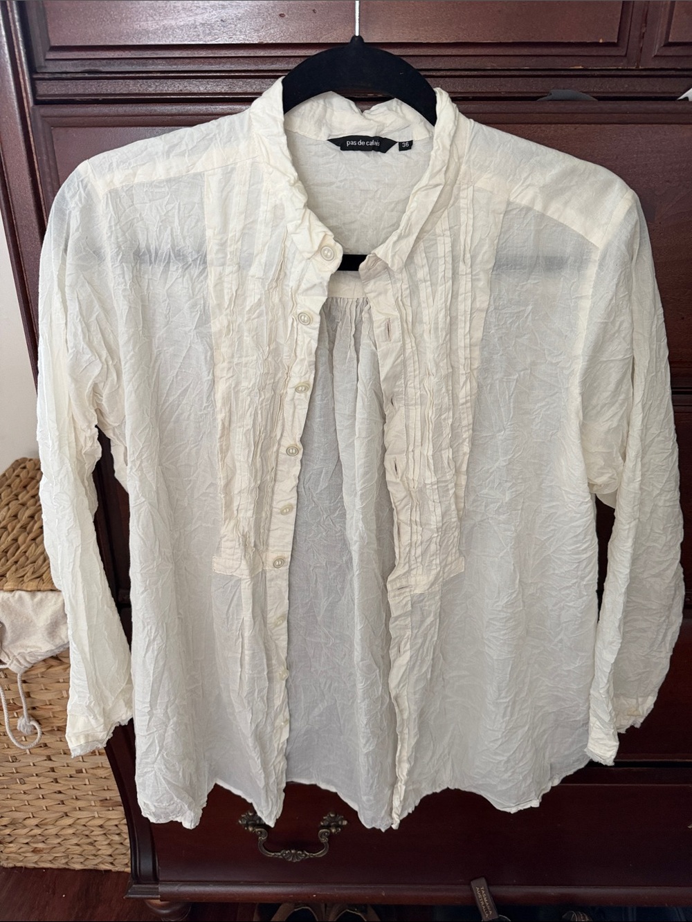 Lightweight Cream Ruffle-Front Button-Down Shirt